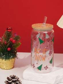 16盎司彩色圣诞图案梅森杯，单层PC梅森瓶配竹盖，475毫升圣诞塑料杯