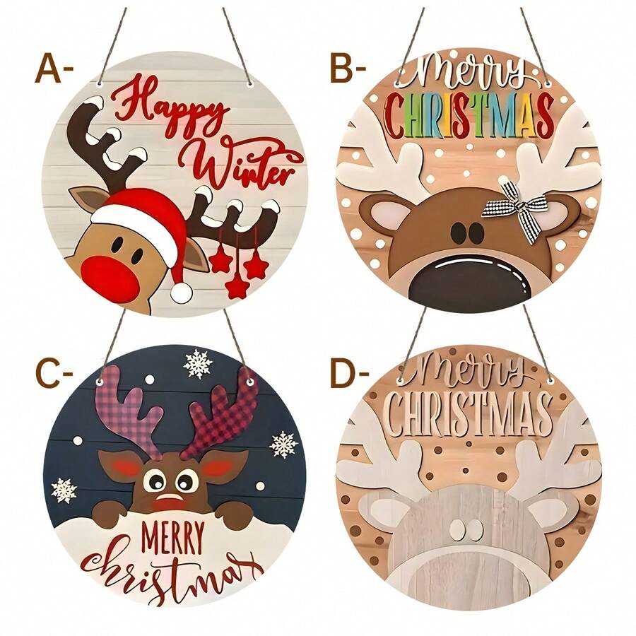 4 Stücke Weihnachtsstil Holzbrett Gemälde - rund, geeignet für Heimdekoration und Zusammenkünfte - perfekte Geschenkidee, Weihnachtsthemen Heimdekoration, ideal für Weihnachten - Holzschnitt-Malerei-Kreis - Übersicht 1