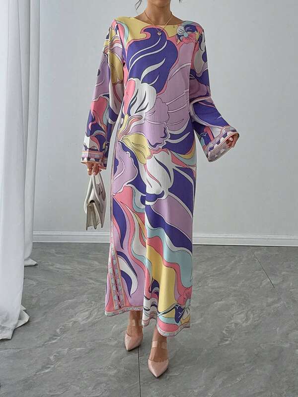 1pc Women's Loose Fit Floral Print Maxi Dress, Purple Pattern, Luxury Casual Vacation Wear, Long Sleeve Round Neck Elegant Kaftan Robe Gown, Traditional Arabic Abaya Dress, Formal Evening Gown