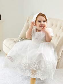 Infant Baby Girls 0-2 Years White Long Christening Dress With Short Sleeve Lace Tulle Skirt And Hat - White - View 5