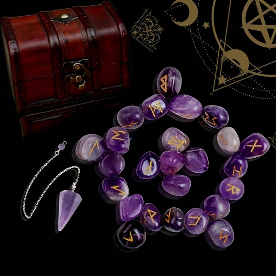 25pcs Carved Nordic Rune Stones, Asymmetrical Shaped Rune Accessories Set Including Quartz Agate Runes, Vintage Wooden Box, Tablecloth, For Divination, Decoration, Home Decor, Christmas, Halloween, Thanksgiving And Other Holiday Gifts - Jewelry Making