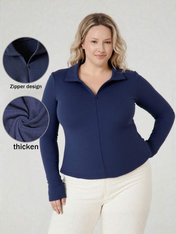 Christmas Plus Size Women Casual Slim Fit Navy Long Sleeve T-Shirt, Polo Collar Half Zipper Stand Collar Fleece Lined Thermal Undershirt