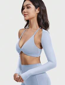 Women Crop Top Long Sleeve Bolero Open Front Workout Cropped Shirts Sports Shrug - Blue - View 3