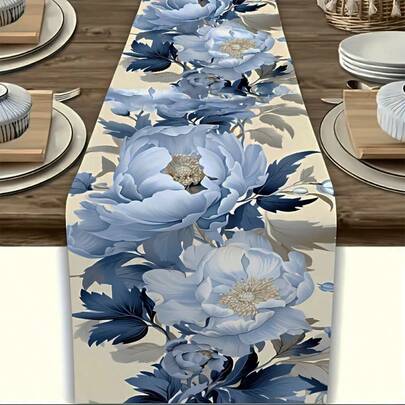 1pc Elegant Blue Floral Polyester Table Runner - Rectangular Dresser Scarf With Vanity Design, Perfect For Dining, Parties, Weddings, And Holiday Decorations