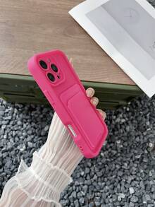1pc Solid Color Dopamine Matte Finish Card Holder Simple Clean Phone Case Compatible With IPhone 16 Pro Max Waterproof Shockproof Anti-Fall Scratch Resistant,International Version, Not The Domestic Version - Hot Pink - View 3