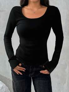 1pc Autumn Fitted Black Crew Neck Elastic Knit Pullover - Women's Basic Undershirt, Suitable For Casual Outfits, Leisure Fashion, Everyday Wear, Autumn Women's Clothing - Black - View 8