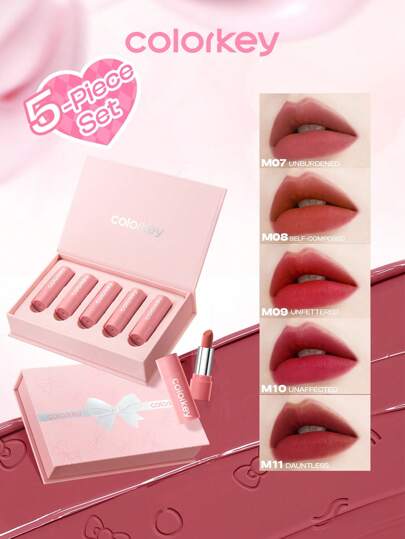 COLORKEY Coffret cadeau de 5 pièces de brillant à lèvres mat, rouge à lèvres liquide mat, teinture à lèvres, longue tenue, lisse et hydratant, non collant, léger, convient aux débutantes et à l'usage quotidien pour les femmes, excellent cadeau pour maman, épouse, sœur, amie, la Saint-Valentin