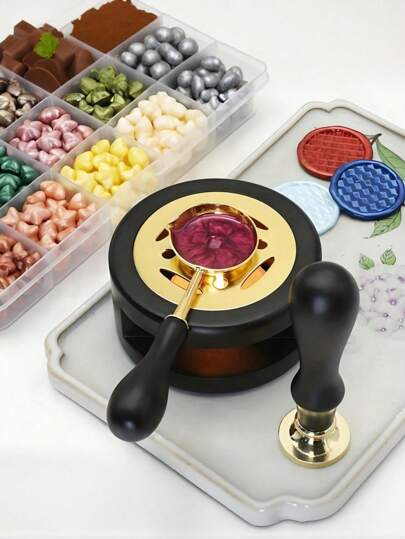 蜡封印章套装，含熔蜡炉和熔蜡勺，完整的封蜡套装，可用于熔化蜡封珠或蜡条，非常适合DIY婚礼请柬、礼品包装和工艺品制作，也是学校用品的理想之选。