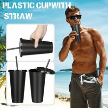 10 Pack Reusable Plastic Cups With Straw And Lids,24oz Durable Water Cup Tumblers Iced Coffee Sippy Cup Large LeakProof Water Bottle Travel Mug Party Bulk Cold For Adults Perfect For Halloween Parties Ideal Birthdays Christmas Housewarming Gifts - màu đen - Xem 4