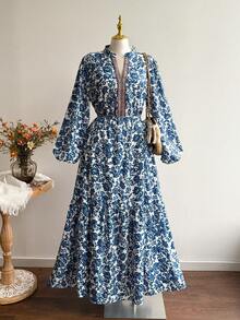 Rusttydustty Đầm Maxi Tay Dài In Hoa Bohemian Cỡ Lớn Cho Nữ, Thích Hợp Cho Kỳ Nghỉ, Du Lịch Và Mặc Hàng Ngày, Mùa Thu/Đông - Xanh và Trắng - Xem 2