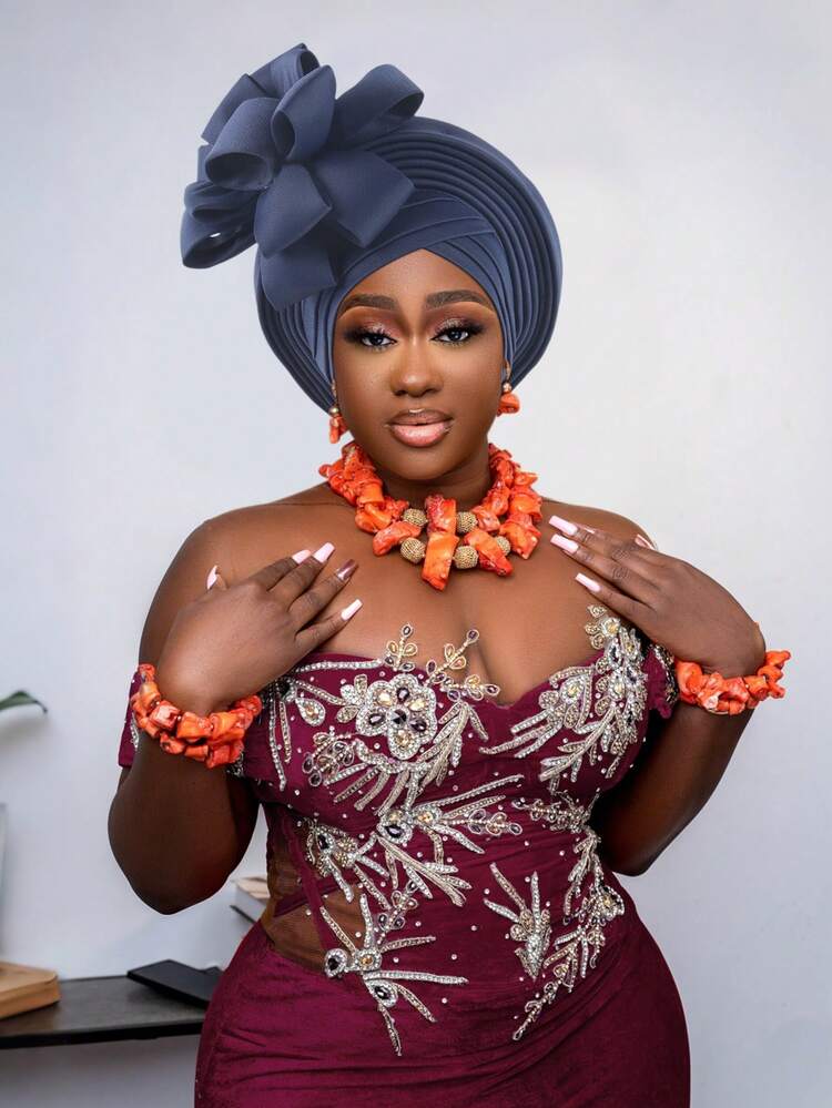 非洲传统头巾，Aso Oke 材质，镶嵌水钻，女士款，非洲头巾帽，自动 Gele 头巾，手工时尚头饰，适合婚礼、派对及其他节日佩戴，亦可作睡帽。 - 彩色 - 查看 9