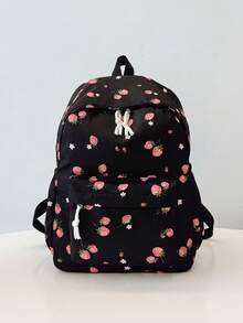 3pcs Backpack Set - Fashionable Large Capacity Backpack + Lunch Bag + Pencil Case, With Laptop Compartment, Strawberry Pattern Backpack, Adjustable Shoulder Straps And Spacious Multi-Pockets - Lightweight Zipper Bags, Suitable For Women/Girls/Students/Teens/Graduates, Perfect For Outdoor/Travel/Middle School/High School/College - Black - View 5