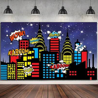 1 Stück Superhelden Stadt Kulisse Kinder Jungen Geburtstag Banner Urbane Nacht Glitzer Himmel Sterne Boom Stadt Gebäude Hintergrund Bang Boom Wolkenkratzer Kinder Portrait Fotostudio Requisiten