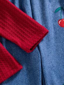 2pcs Girls Casual Outfits, Solid Color Embroidered Cherry Pattern Round Neck Long Sleeve Top And Long Pants Set, Spring/Autumn - Red - View 5