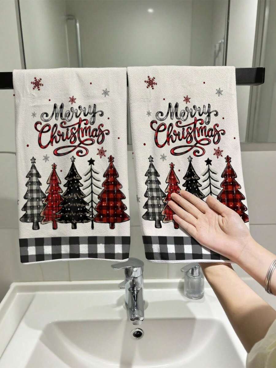 2pcs Christmas Hand Towels, Plaid & Christmas Tree Pattern Design, Advent Gift, Christmas Surprise, Cleaning Cloths, Kitchen And Dining Decor, Outdoor Party Supplies, Suitable For Christmas Kitchen And Bathroom Decoration