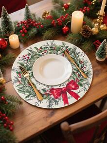 4Pcs Vintage Christmas Round Linen Placemats,Merry Christmas Dining Table Mats With Xmas Musical Symbols, Berry Green Leaf & Red Bow Wreath Design,Western Meal Table Pad,Christmas Party Decor,Christmas Decorations For Home,Xmas Decor,Kitchen Decor,Tabletop Decor,Holiday Party Supplies,Coffee Table Decor,Restaurant Supplies,Winter Decorations,New Year Party Supplies