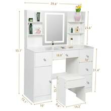 Tocador con espejo y luz LED, escritorio con 5 cajones y taburete - Perfect For Organizing Makeup, Skincare, Elegant Vanity|Decorative Vanity, Vanity Furniture, Compact For Small Space, Bedroom Decor Gift, Perfect Gift For Women Girls , Ideal para regalos de Navidad y Halloween. - Blanco - Ver 9