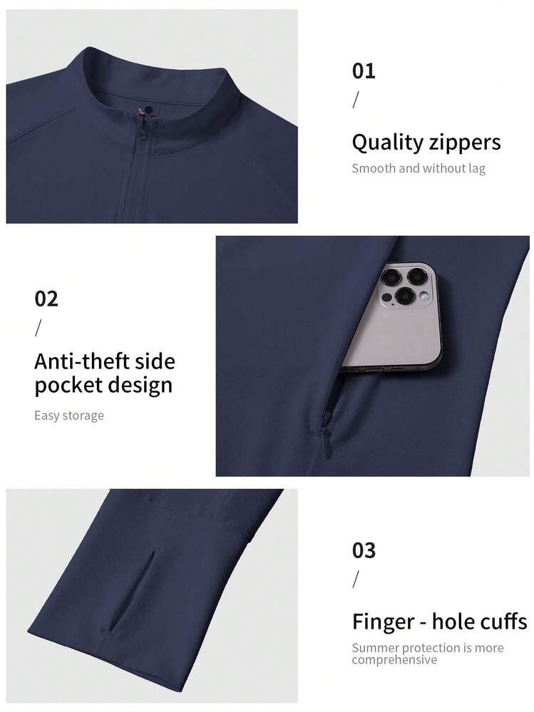 女士加大码夏季UPF 50+防紫外线透气夹克，带口袋，户外服装，立领，防晒轻便透气，春季款 - 藏蓝色 - 查看 6