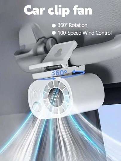 Ventilador de clip para coche con rotación de 360°, pantalla LED, 100 velocidades ajustables, recargable por USB, ventilador de clip portátil para hogar, oficina, coche y camping, accesorios para automóvil