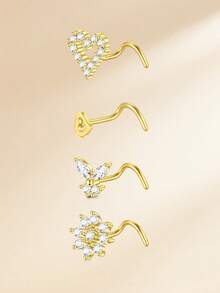 16pcs Funky Stainless Steel Heart Flower Cubic Zirconia Nose Studs For Women For Daily Decoration, 20G Gold Nose Rings Studs Nose Piercing Jewelry Nose Rings 8mm Nose Studs Earrings Studs