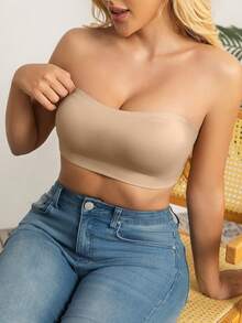 Women's Strapless Wireless Push-Up Camisole Bra With Removable Pads And Side Clasps - Seamless Comfort, No Wires, Solid Colors, Elegant Design, Perfect For Everyday And Special Occasions, Strapless Underwear, Comfortable Push-Up Effect, Premium Underwear - 駝色+駝色 - 查看 5