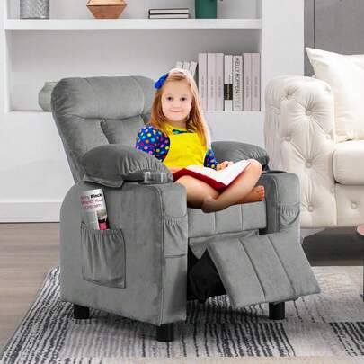 Kids Recliner, Toddlers Kids Recliner Chair With Cup Holder, Ergonomic Adjustable Velvet Lounge Chair With Footrest & Side Pockets, Toddlers Kids Baby Sofa For Boys Girls Bedroom
