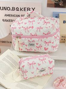 Pink Bow Pattern Cosmetics Storage Bag Large Capacity Travel Toiletry Bag Lovely Heart Print Makeup Bag Foam Quilted Travel Essentials Organizer Bag Cute Ribbon Bow Print Makeup Pouch Soft Fabric Skincare Storage Bag Small Items Storage Bag Soft Fabric Home Items Storage Bag Portable Cosmetics Organizer Bag With Zipper Make Up Holder Brush Bag - Pink - View 15