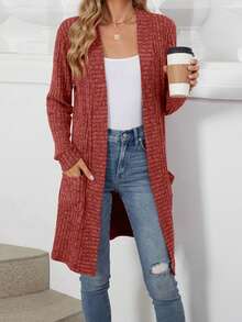 Women's Autumn Long Sweater Cardigan Long Sleeve Open Front Solid Color Knitwear - Red - View 5