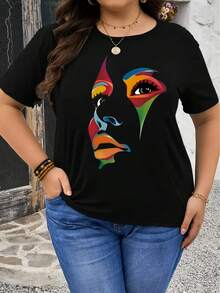 Size - Women's Abstract Print Plus Size T-Shirt - 黑色 - 查看 1