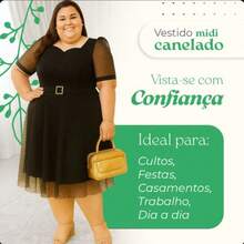 Women's Ribbed Plus Size Dress Evangelical Fashion Midi Tulle Polka Dot - Negro - Ver 3