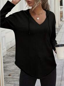 Felpa con cappuccio e coulisse, tinta unita, per donne taglie comode, adatta per l'autunno, colore nero, per la primavera - nero - Visualizzare 5