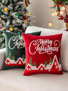 1pc Christmas Snowhouse Embroidered Plush Velvet Cushion Cover, Soft & Comfortable Christmas Decorative Pillow Sham, Fits Multiple Room Styles, Pillow Insert Not Included Home Decor Christmas Decorations Room Decor Christmas Decorations Home
