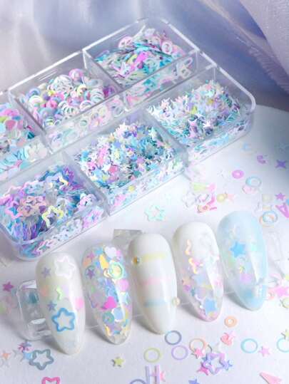 6 piezas Pegatinas de uñas de sirena de colores mixtos, Brillo de uñas colorido, Corazón Estrella Letra, Decoración del Día de San Valentín, Pegatinas de arte de uñas, Accesorios de uñas, Joyería de uñas, Gemas de uñas Suministros de uñas