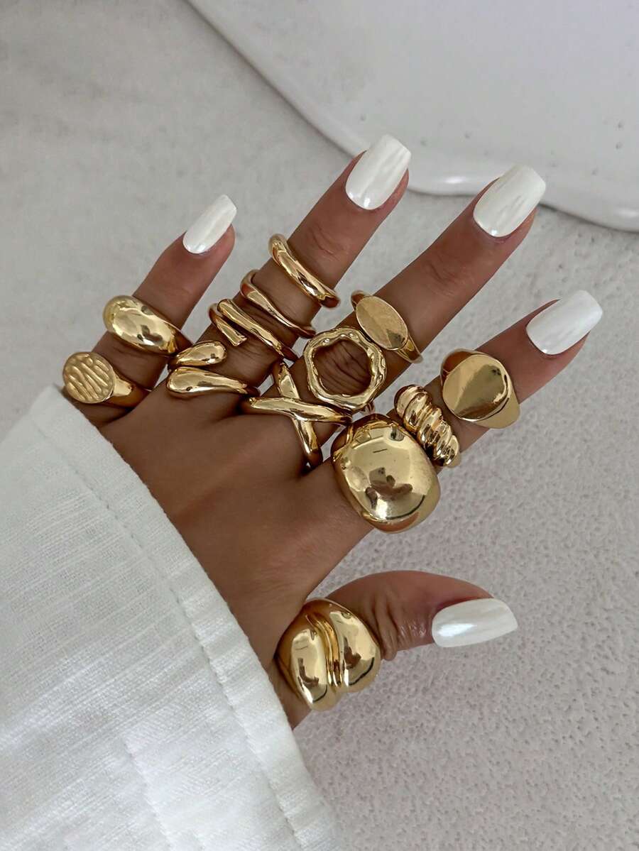 Juego de 13 piezas de anillos de nudillo con gota de agua brillante estilo Ins, anillos de metal líquido arrugado asimétrico cruzado, adecuado para fiesta, regalo, uso diario - Dorado - Ver 1