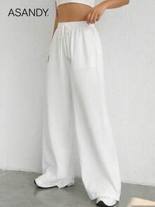2pcs/Set Loose Fit Wide Leg Pants, Drawstring Waist Plain Color Casual Trousers Summer - Multicolor - View 6