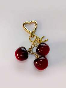 1pc Cherry Fruit Bow Heart Shaped Golden Keychain, Suitable For Car Keys And Bag Decoration