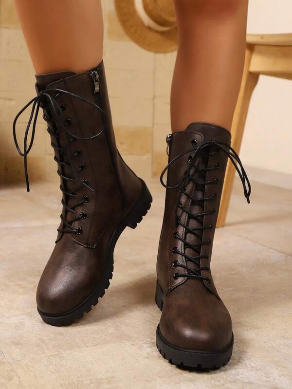 Western Style Lace-Up Metal Eyelet Side Zipper Women's Boots, Flat Vintage Riding Boots, Minimalist Plus Size Mid-Calf Boots