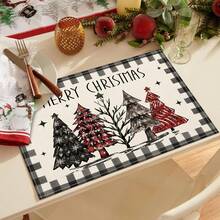 1pc/4pcs Christmas Theme Placemats, Black & White Buffalo Plaid Christmas Tree Placemat Set, Minimalist Faux Linen Rectangular Heat-Resistant Tableware Mat, Suitable For Holiday Gatherings And Parties, Seasonal Christmas Party Kitchen & Dining Decor, 12*18 Inches - Black and White - View 2