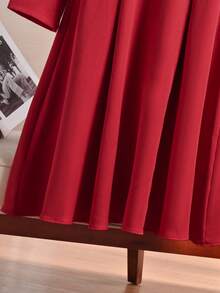 优雅女士深V领连衣裙，法式时尚风格，百搭欧式衬衫领连衣裙，修身学院风连衣裙，红色中长休闲连衣裙，适合办公室穿着 - 紅色 - 查看 9