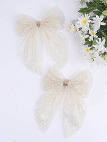 2 件白色米色薄纱蝴蝶结发饰，适合女婴，大号蝴蝶结鳄鱼夹，素色优雅网眼发夹，幼儿女孩蝴蝶结夹，婚礼发夹，儿童婴儿发饰