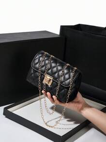 Metal Clasp Square Quilted Chain Flap Handbag - Black - View 1