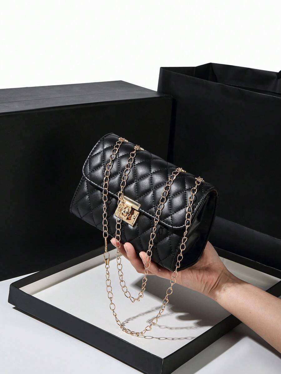 Metal Clasp Square Quilted Chain Flap Handbag - Black - View 1
