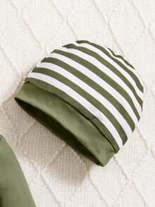 Baby Boy Blue Letter Print Long Sleeve Top, Striped Pants And Hat, Autumn/Winter - Green - View 3