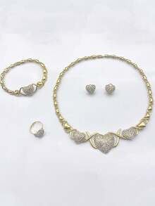 Bộ trang sức trái tim vàng 5 món sang trọng dành cho nữ, vòng cổ, vòng tay, hoa tai, nhẫn mạ vàng 18K thời trang, quà tặng cô dâu ngày cưới - Trái tim vàng lớn - Xem 4