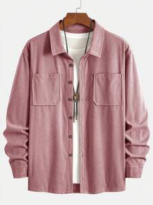 畅销轻薄灯芯绒男士休闲衬衫外套，翻领，纽扣前襟，长袖，双口袋设计，适合日常休闲、时尚简约外出、舒适居家及街头穿着，春季薄款长袖衬衫 - 粉色 - 查看 3