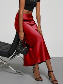 Se-Helo Fashion Women's Elastic Satin Texture Satin Maxi Skirt - Red - Red - View 3
