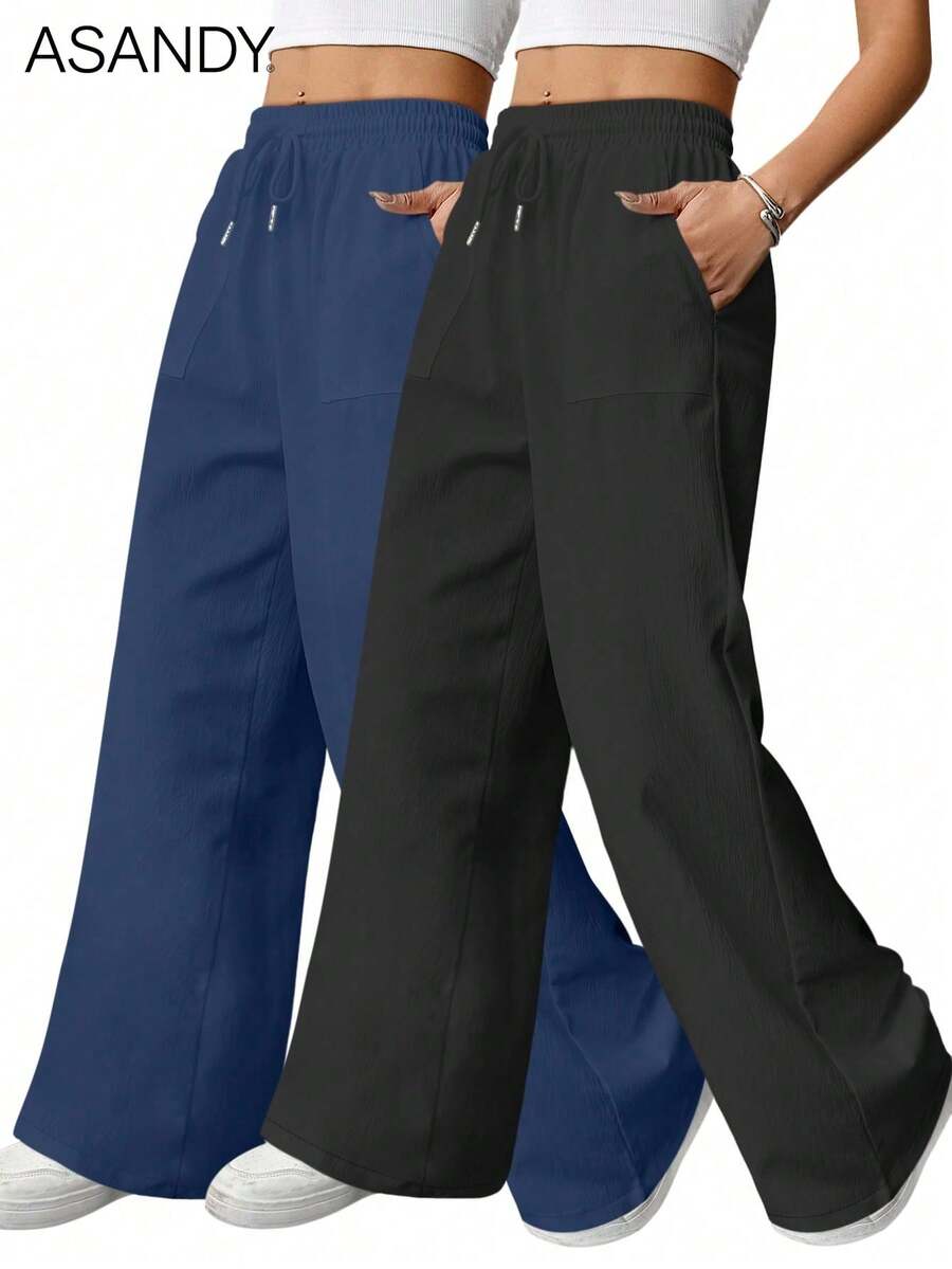 2pcs/Set Casual Wide Leg Pants, Drawstring Waist, Loose & Slimming Fit, Solid Color Summer - Black + Navy Blue - View 1