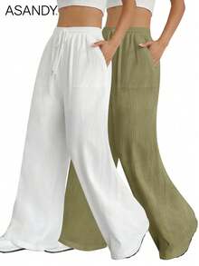 2pcs Set Casual Palazzo Pants, Loose & Slimming Solid Color Drawstring Waist Wide Leg Trousers - White+Green - View 3