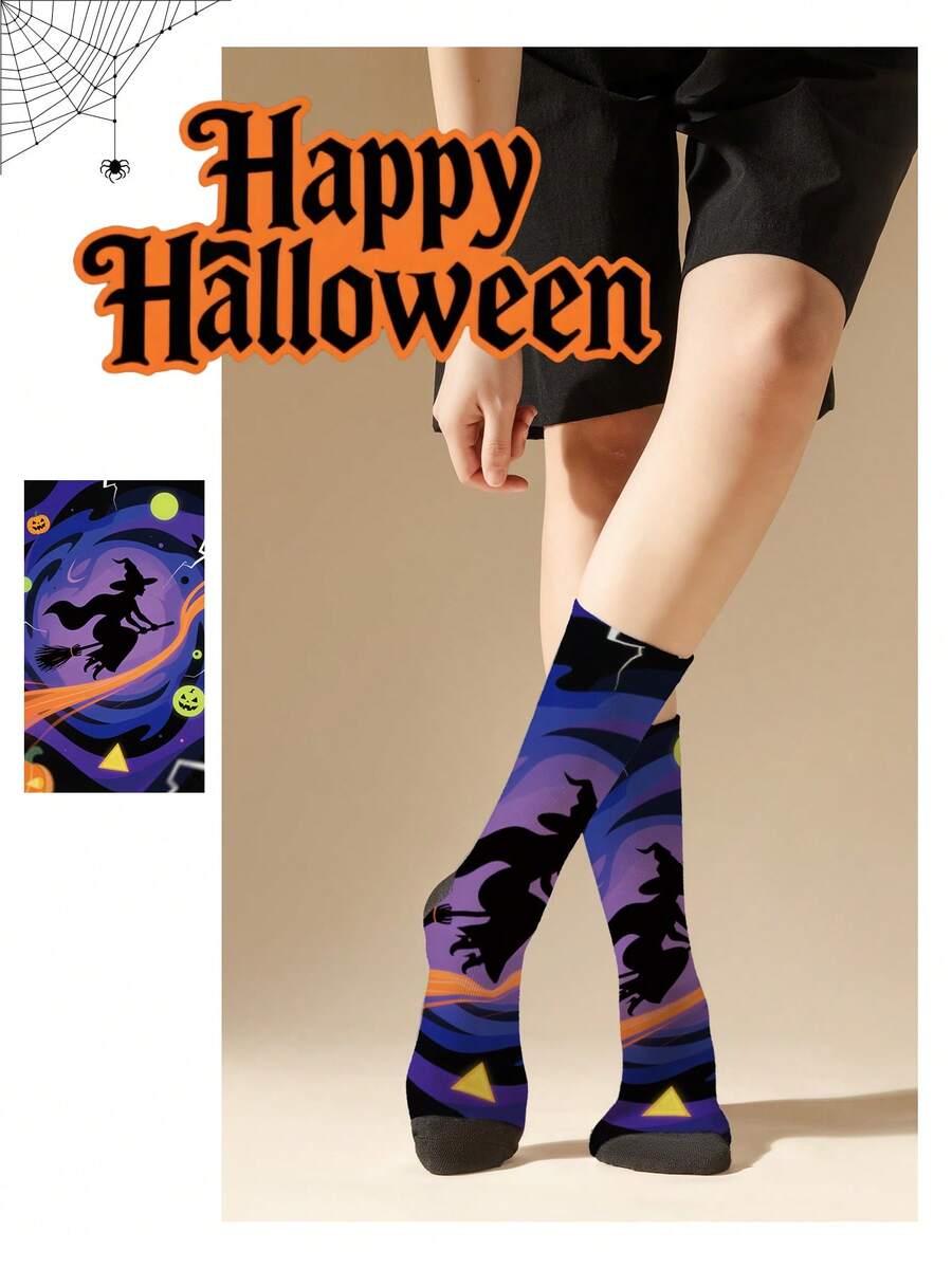 1 par de calcetines morados con estampado de remolino y bruja, calcetines versátiles de poliéster de media pantorrilla de impresión digital duradera para uso diario y celebraciones, ideales para eventos y regalos de Halloween
