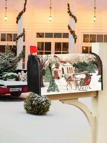 45*52厘米圣诞复古雪景马车图案邮箱罩，装饰性邮箱罩，冬季假日农舍花园户外装饰 - 彩色 - 查看 5